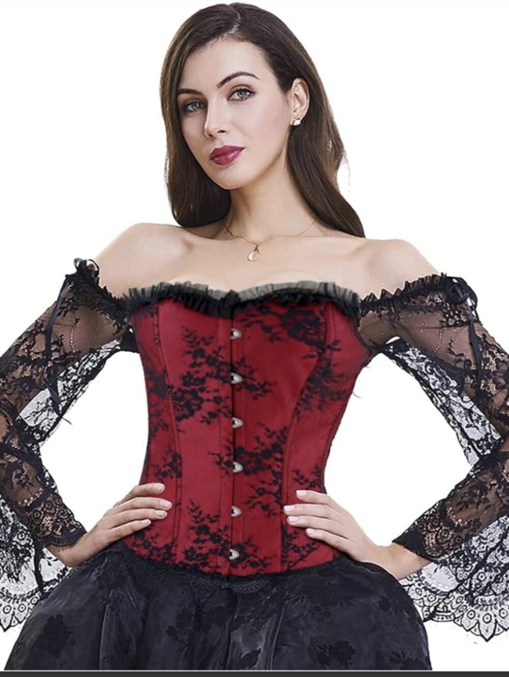 Red Lace Corset Blouse Victorian Black Sheer Lace Sleeves Dark Punk Gothic Sz S